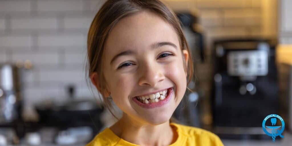 Uśmiechnięte dziecko w żółtym t-shircie, tło z kuchennymi urządzeniami; obraz promuje aparat ortodontyczny Twin Block do leczenia wad zgryzu.